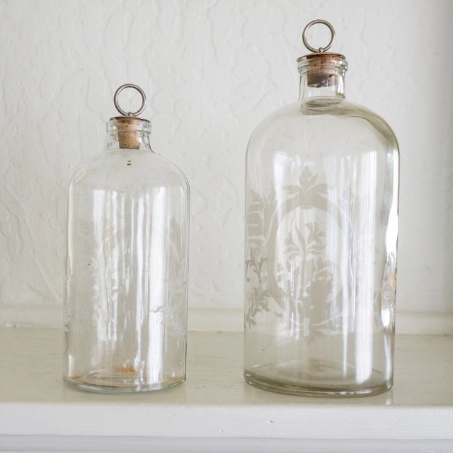 Clear Etched Glass Victorian Apothecary Decanters With Silver Topped Corks For Sale - Image 9 of 11