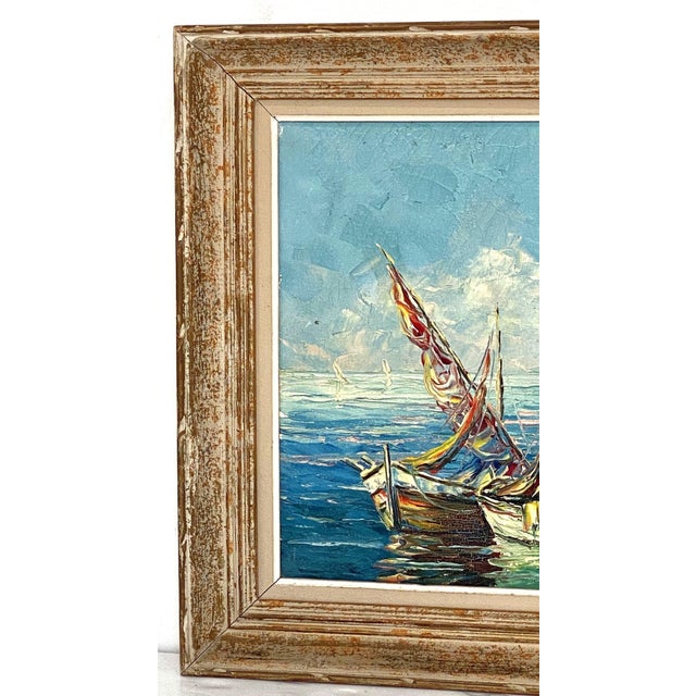 Blue French Framed Oil Painting Featuring a Mediterranean Harbour Scene For Sale - Image 8 of 12