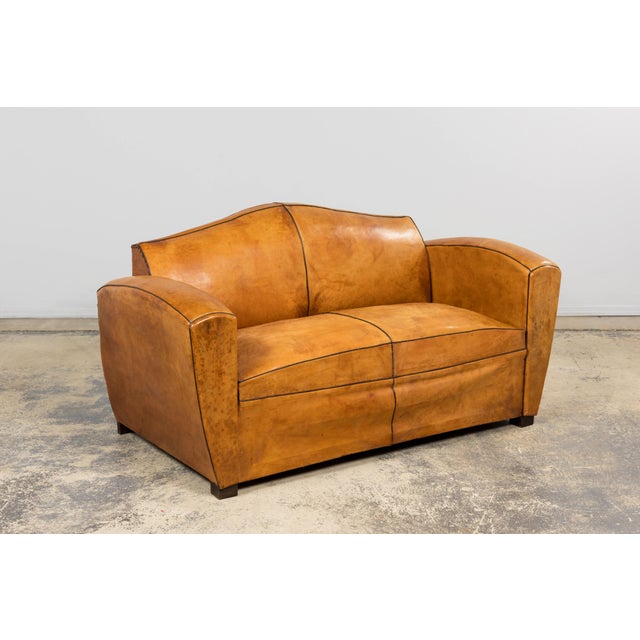 1920s French Art Deco Cognac Leather Club Sofa For Sale - Image 13 of 18
