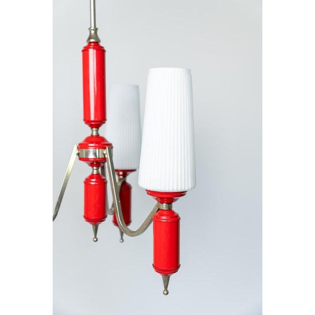 Pendant chandelier, Made in Italy, 1950s. 1950s chandelier in the style of red lacquered Stilnovo with white opaline...