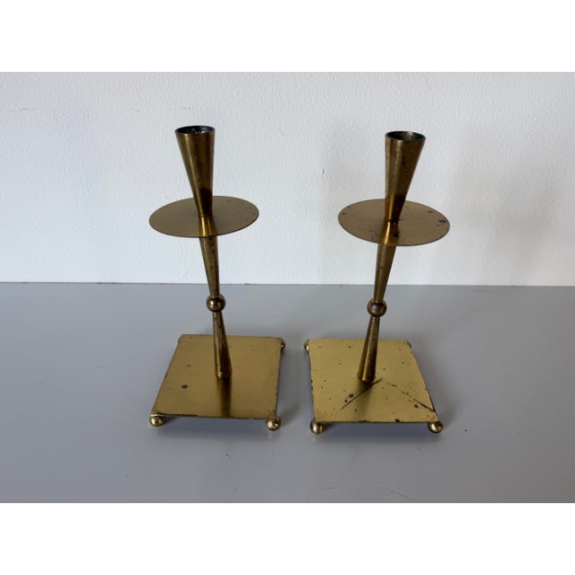 1970s Mid-Century Modern Brass & Metal Geometric Candle Holders – Pair For Sale - Image 4 of 12