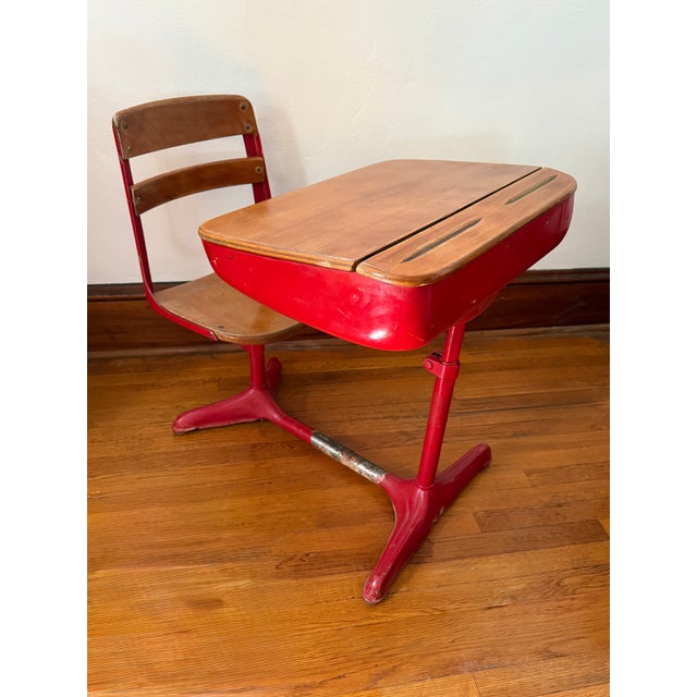 Mid Century Red Metal Children's School Desk With Attached Wood Seat For Sale - Image 10 of 10