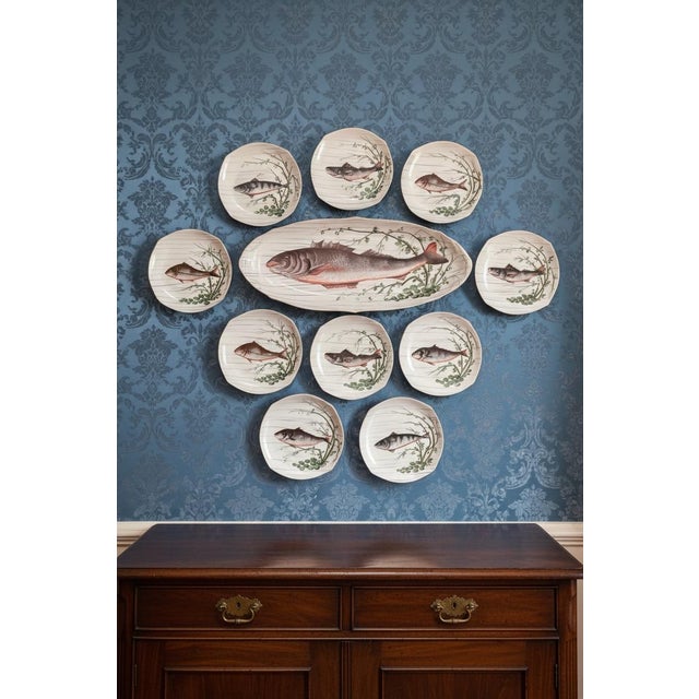 Limoges, France Antique Limoges Fish Plates & Large Platter Set by O. Gutherz 9” Plates 24.75” Platter For Sale - Image 4 of 9