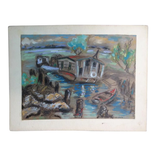 Meyer Greenberg "Houseboat" Modern Maritime Scene Mixed-Media Painting on Paper Circa 1940s For Sale