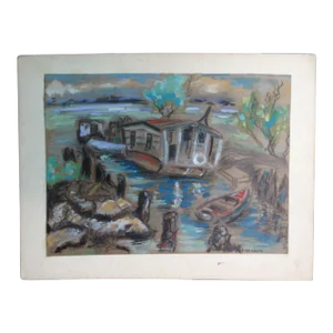 Meyer Greenberg "Houseboat" Modern Maritime Scene Mixed-Media Painting on Paper Circa 1940s