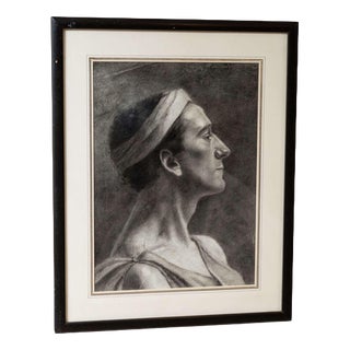 Profile of Man in Classic Roman Tunic, 1900s, Charcoal Drawing, Framed For Sale