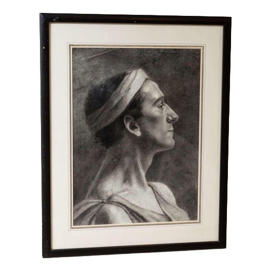 Profile of Man in Classic Roman Tunic, 1900s, Charcoal Drawing, Framed For Sale