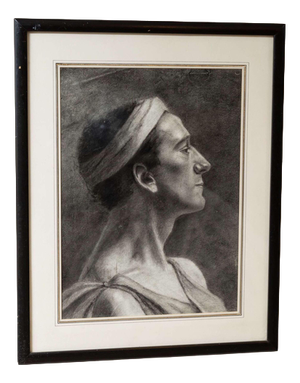 Profile of Man in Classic Roman Tunic, 1900s, Charcoal Drawing, Framed