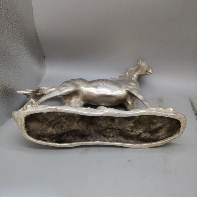 Metal Vintage Silver-Tone Metal Horse Sculpture on Rocky Base For Sale - Image 7 of 9