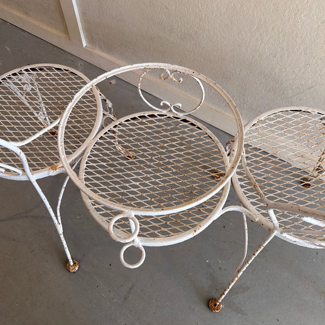 Mid 20th Century Ornate Garden Bench Shabby Chic With Room for Table or Plant Vintage Painted White For Sale - Image 5 of 11