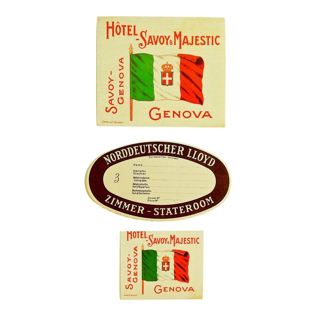 Vintage Hotel Savoy Genova Italy Luggage Tags - Set of 3 For Sale