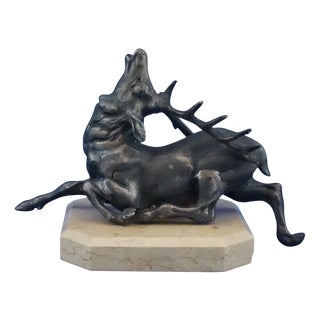 20th Century Art Deco Silver-Plated White Metal Deer Sculpture with Marble Base by Pierre Hugonnet, France For Sale