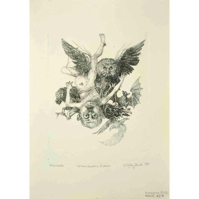 Baby Vulcan, Ist state is an original etching print realized by Leo Guida in 1975. Hand-signed on the lower right and...