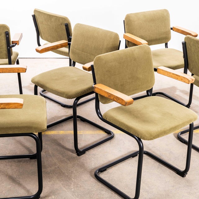 Vintage Cantilever Peninsular Blue Frame Dining Chairs with Sage Green Upholstery, 1970s, Set of 7 For Sale - Image 4 of 13