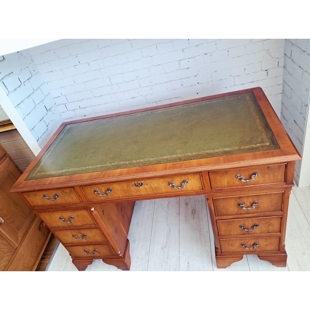 Antique Twin Pedestal Desk in Yew Wood with Leather Top, 1980s For Sale - Image 15 of 18