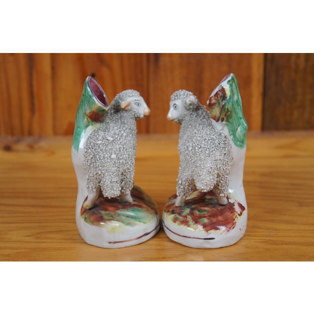 Antique Pair of Staffordshire Porcelain Confetti Sheep Ram Ewe Bud Spill Vases For Sale - Image 4 of 12
