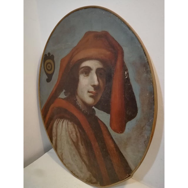 Oil painting on canvas. Depicting a young man dressed in Renaissance style. Good overall condition. Original patina.