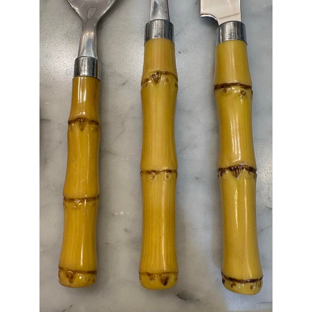 Plastic Vintage Never Used Faux Bamboo Handle Stainless Steel Flatware – For 4 - Tropical, Palm Beach Regency, Coastal & British Colonial Style - 12 Pc. For Sale - Image 7 of 9