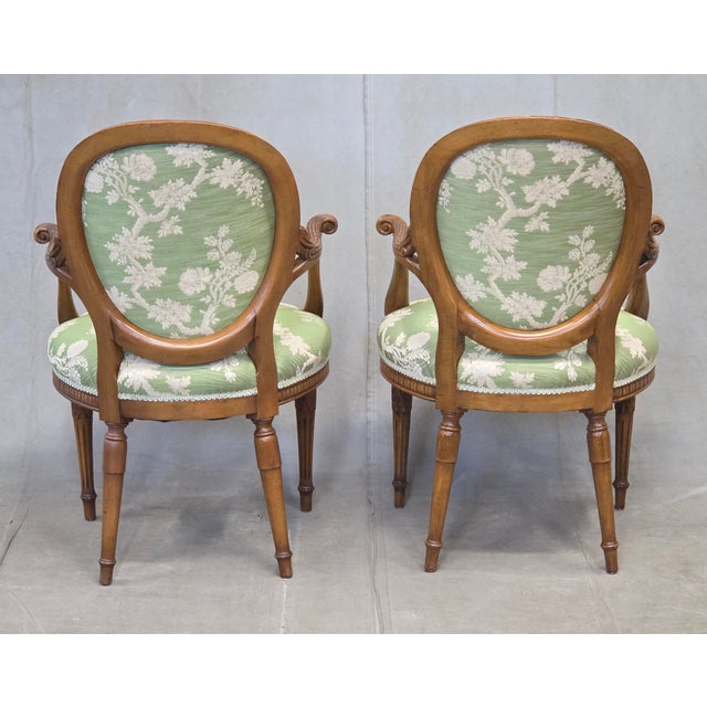 Vintage French Louis XVI Style Armchairs With Green and Cream Upholstery - A Pair For Sale - Image 9 of 12