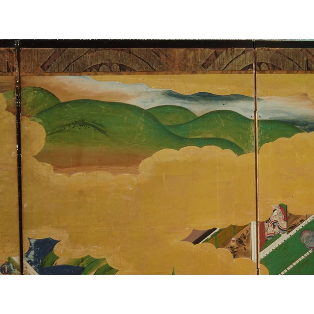 Wood 1800s Japanese Four Panel Screen Picture Genji Tokugawa W Letter of Authenticity For Sale - Image 7 of 15