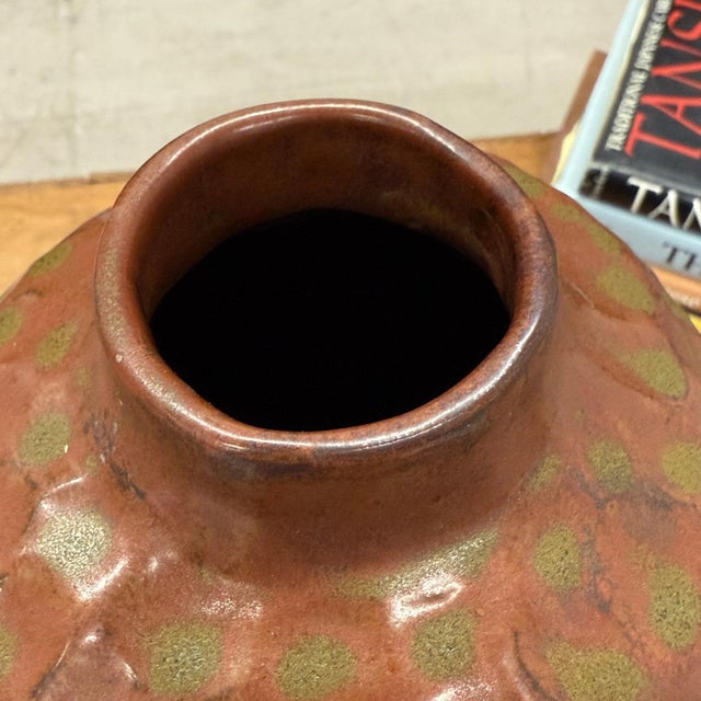 Rustic Textured Ceramic Vase in Orange-Brown & Moss Green Finish For Sale - Image 3 of 11