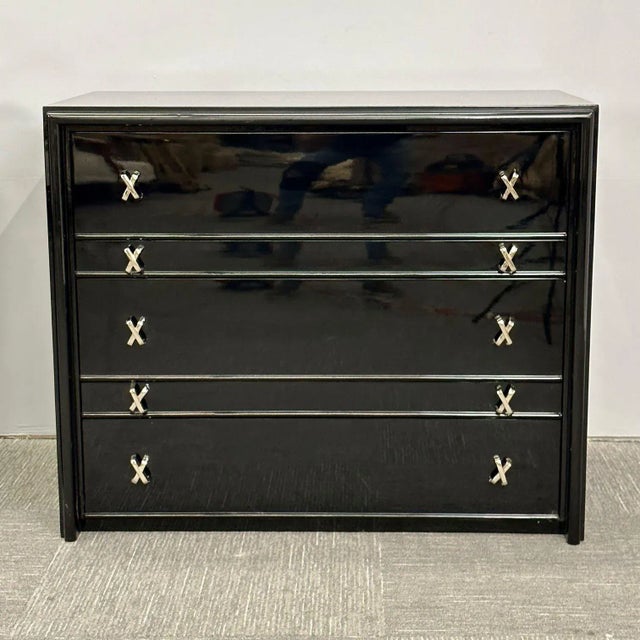 Early 21st Century Pair Mid-Century Modern Commodes / Nightstands, Paul Frankl Style, Ebony Lacquer For Sale - Image 5 of 12