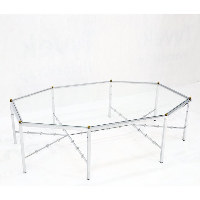 Faux Bamboo Chrome Glass Top Brass Balls Finials Elongated Hexagon Coffee Table For Sale - Image 12 of 12