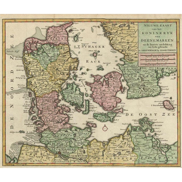 Antique Map of Denmark and Part of Sweden and Germany, 1750 For Sale