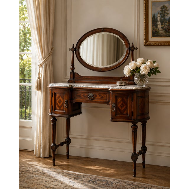 20th Century Walnut Vanity Dressing Table with Tilting Mirror and Arabescato Marble Top, 1890s For Sale - Image 11 of 12