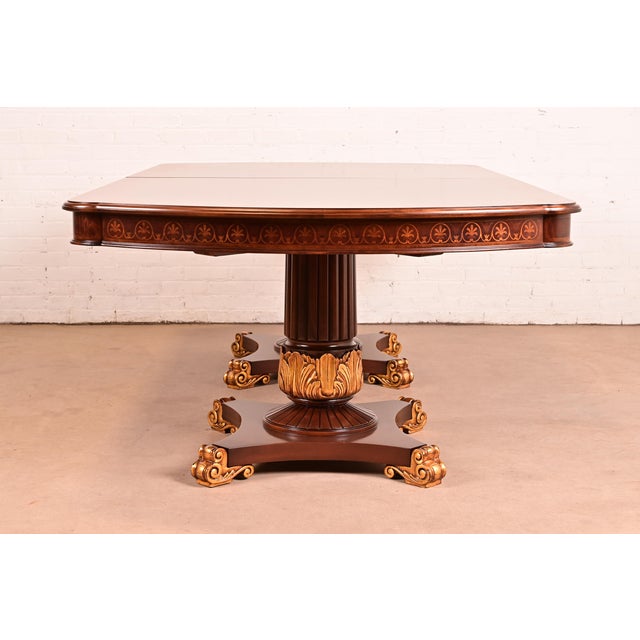 Karges Furniture Style Italian Neoclassical Inlaid Burl Wood and Parcel Gilt Extension Dining Table, Newly Refinished For Sale - Image 15 of 16