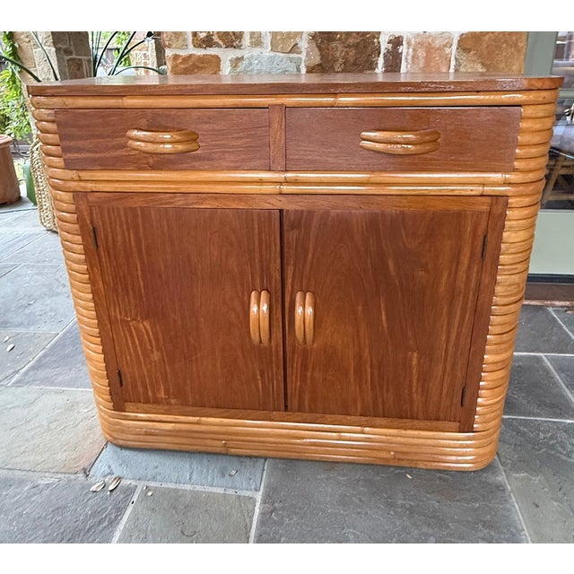Mid-Century Modern 1940s Restored Stacked Rattan Storage Cabinet With Mahogany Top in Style of Paul Frankl Bar Cabinet For Sale - Image 3 of 13