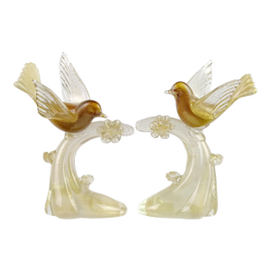 Vintage Murano Salviati White Amber Gold Italian Art Glass Birds Centerpiece Sculptures - A Pair