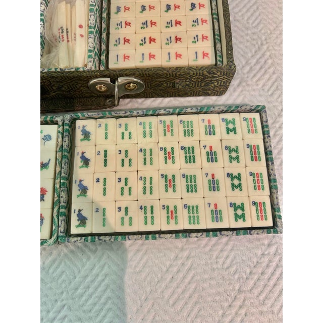 Green Vintage Chinese Bone & Bamboo Mah Jong Set in Silk Brocade Case With Original Booklet & Wrapped Tiles For Sale - Image 8 of 15