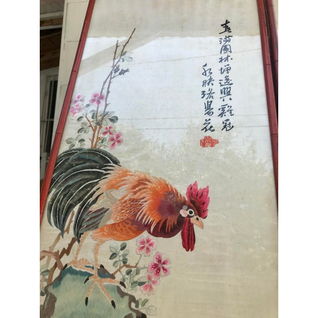 Chinese Pair of Vintage Early 20th Century Chinese Silk Embroidery of Birds With Flowers Framed on Painted Bamboo For Sale - Image 3 of 12