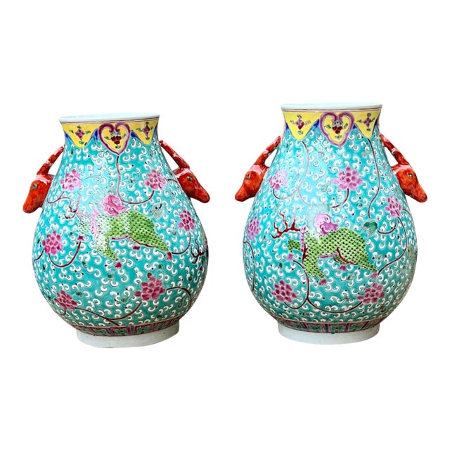 Pair of Hand-Painted Turquoise Porcelain Qilin Vases With Figural Deer Handles – Jingdezhen – Sculptural Chinese Export Style For Sale