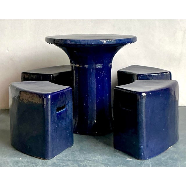 Mid-Century Modern Vintage Italian Glazed Ceramic Table and Stools - Set of 5 For Sale - Image 3 of 10
