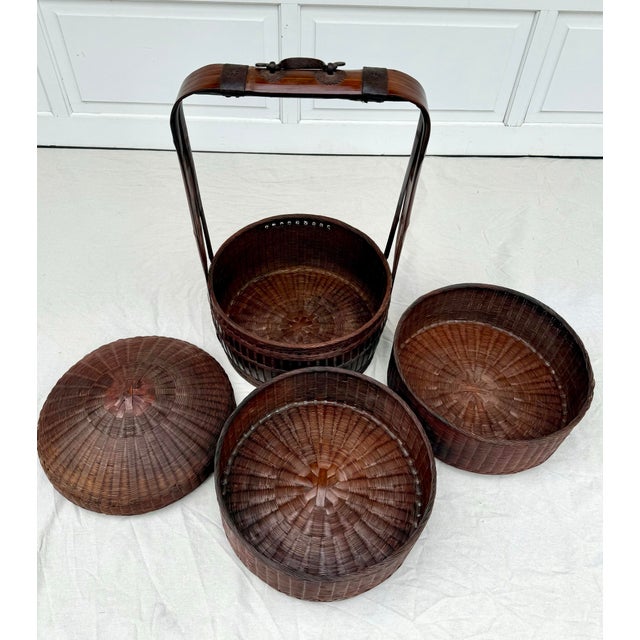 Antique Late 19th C. Chinese Woven Lacquered Bamboo Wedding Basket For Sale - Image 12 of 12