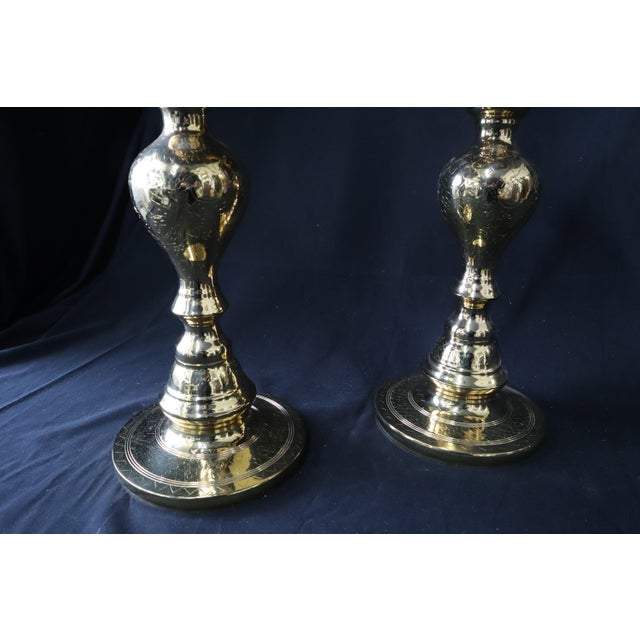 Pair of Large Brass Catholic Altar Candle Stands With Wax Catchers For Sale - Image 4 of 4