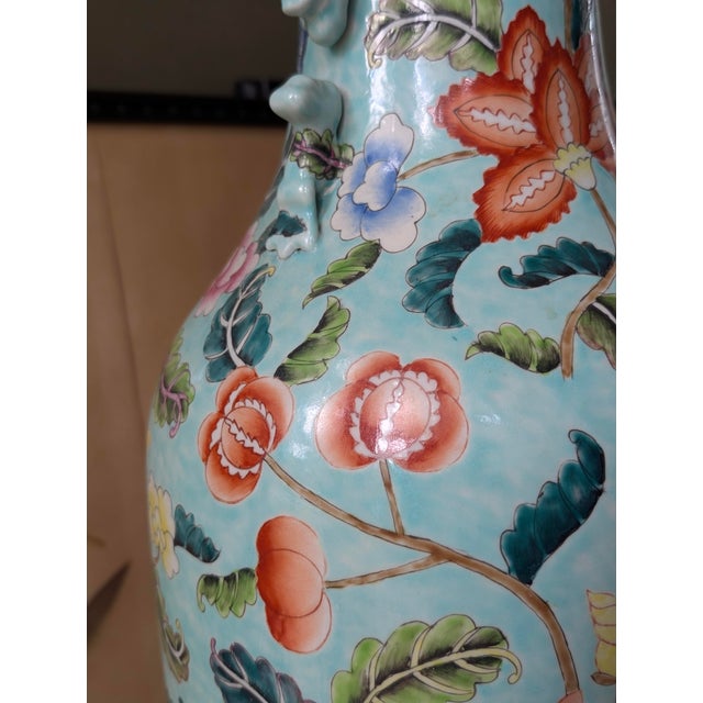Large Hand-Painted Turquoise Porcelain Floor Vase, 23.5” For Sale - Image 4 of 9