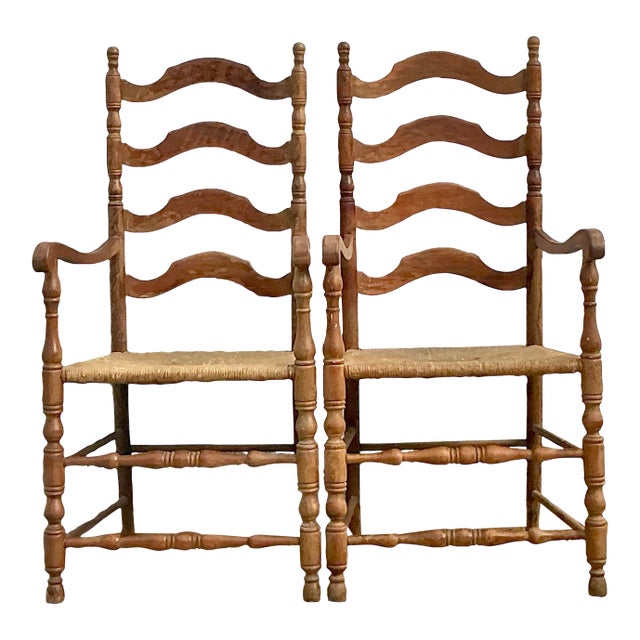 Vintage Coastal Ladderback Rush Seat Chairs - a Pair For Sale