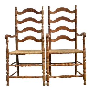 Vintage Coastal Ladderback Rush Seat Chairs - a Pair