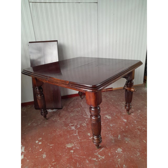 A square-formed Victorian extending dining table, likely crafted from mahogany, (likely because i am not a wood expert)...