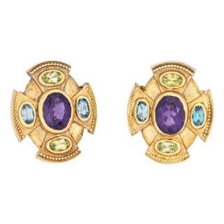 1990s Rainbow Gemstone Earrings Vintage 14k Yellow Gold Etruscan Style Jewelry-Set of 2 For Sale