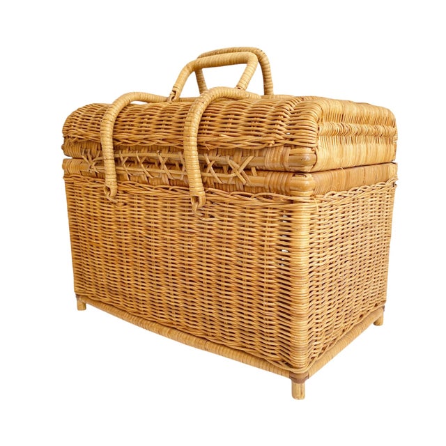 Late 20th Century Lidded Wicker Picnic Basket With Handles For Sale - Image 4 of 8