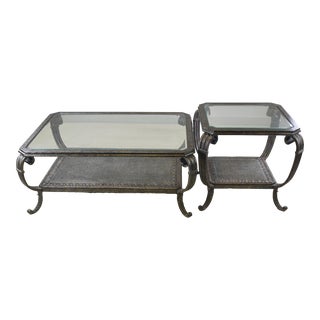 1970s French Scrolled Two Tier Wrought Iron Coffee and Side Table with Drop-In Beveled Glass Top - Set of 2 For Sale