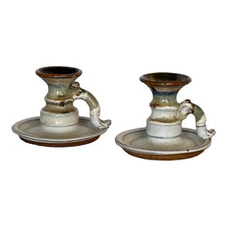 Vintage Hand Thrown Candlesticks, Pair For Sale