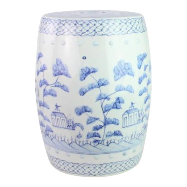 Village Scene Pale Blue and White Garden Seat For Sale