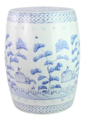 Village Scene Pale Blue and White Garden Seat