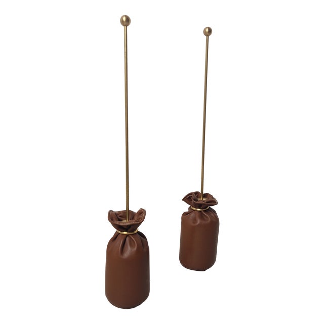 Brass and Blue Leather Doorstops attributed to Luigi Caccia Dominioni for Azucena, 1980s, Set of 2 For Sale