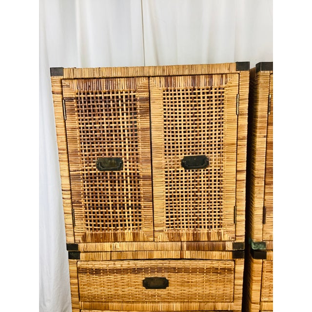 Vintage Pair of Woven Rattan Chest on Chest Dressers Boho Chic Campaign Style For Sale - Image 4 of 15